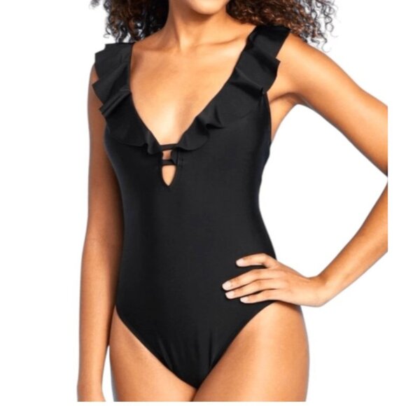 Shade & Shore Women's One Piece Swimsuit XL Black Ruffle Plunge NWT Medium Seat - Picture 1 of 16